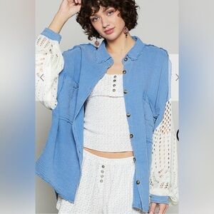 New POL Blue Button-Up Shirt with White Crochet Sleeves. Small, Medium, Large